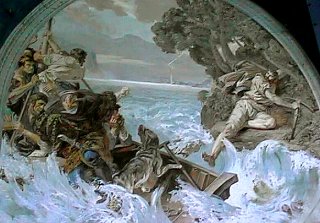 Schweizer Freiheitsheld Wilhelm Tell rettet sich mit dem «Tellensprung» aus der Gefangenschaft (Fresko Tellskapelle Sisikon)
